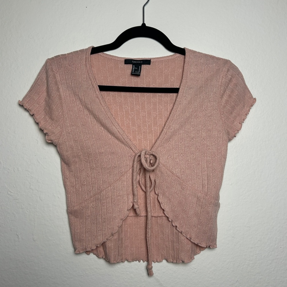 Y2K soft girl Med Pink Tie Front Cardigan Pointelle Rib Short Sleeve Crop Top XS